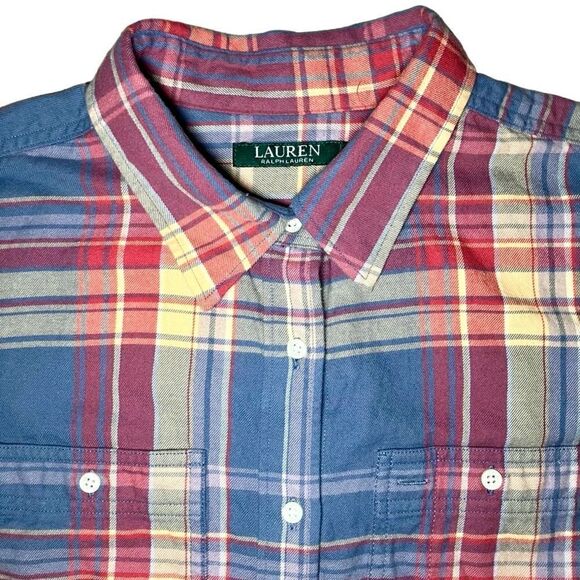 Lauren Ralph Lauren Plaid Flannel Shirt in Muted Blue/Red/Tan Women’s 1X - Picture 2 of 6